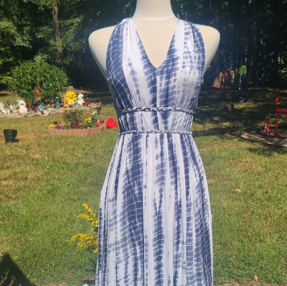 Elegant Blue and White Halter Dress